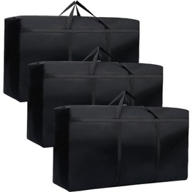3 Pack 125L Large Clothes Storage Bag, Black Moving Boxes with Dual Zips, Extra Strong 600D Oxford Waterproof Moving Storage Bags for Duvet, Laundry, House Garden Underbed Storage