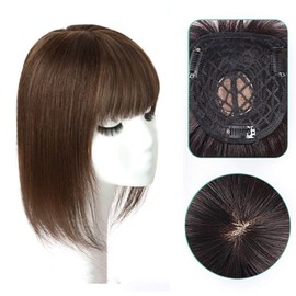 Human Hair Clip in Hair Toppers Hairpieces With Bangs for Women 8 inch 12 inch Silk Base Top Hair Pieces Replacement Extentions for Straight Hair (12inch, 5.1"*5.1"Yellowish Brown)