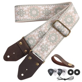 Nefelibata Guitar Strap,Jacquard Embroidery Cotton Guitar Straps with Crazy Horse Leather Ends for Bass, Electric & Acoustic, Best Gifts for Guitarists(Light Green Flower Embroidery.)