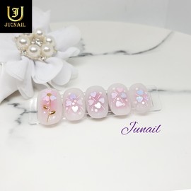 Flower Cheek Handmade Nail Tips - Short Straight Coffin / 꽃치크 수제네일팁 - 숏일자형코핀
