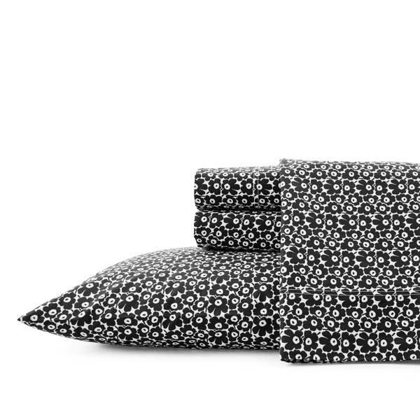 MARIMEKKO - Full Sheets, Cotton Percale Bedding Set, Crisp & Cool Home Decor (Pikkuinen Unikko Black, Full)