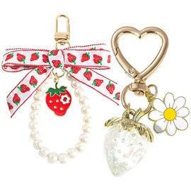 SunixSonie 2Pcs Strawberry Keychain Charm Cute Strawberry Bag Purse Charms Heart Flower Daisy Keychain Pearl Bow Kawaii Car Keychains Strawberry Accessories for Women Girls Gift(Clear)
