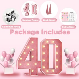 Paready 4FT Marquee 40 Numbers Rose Gold, Light Up Numbers 40 Pink 40th Birthday Decorations, Large Number 40 Light Up Foam Board for Women 40th Birthday Party DIY Decorations Anniversary