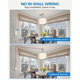 Wireless Light Switch and Receiver Kit, WILAWELS Wireless On Off Switches for Ceiling Light, Fan, Lamp, Moveable Remote Wall Switch, 100FT RF Range, No in-Wall Wiring Required, Pre-Programmed
