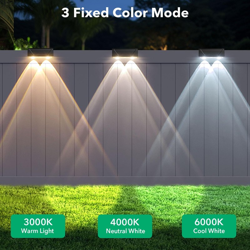 Srtyuo Solar Fence Lights Outdoor - 3 Color Modes(3000K/4000K/6000K), IP55