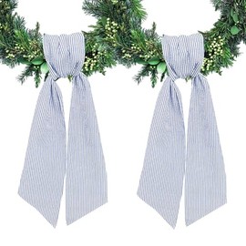 Ftuuo 2pcs Wreath Sash for Front Door Blue White Stripe Seersucker Wreath Satin Sash Burlap Garland Ribbon Accessories for Wreath Yard Doorway Indoor Outdoor Bridal Shower Home Decor,5.1 x 54.3