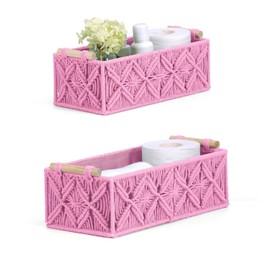 Nonam Macrame Storage Baskets, Boho Decor Style Woven Storage Boxes for Home Organization, Toilet Tank Shelf Cabinet Organizer Baskets,Set of 2,Rectangle,Pink