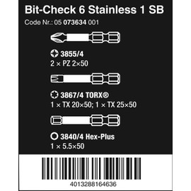 Wera Bit-Check 6 Stainless 1 SB Bit set, PZ/TX/HEX, 6 pc, 05073634001