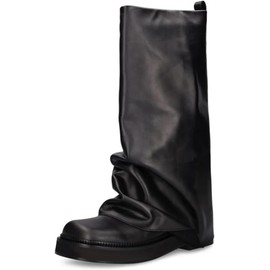 MAVMAX Women Fold Over Knee High Boots Casual Round Toe Coverd Slouched Faux Leather Pull On Wide Calf Chunky Low Heel Platform Boots