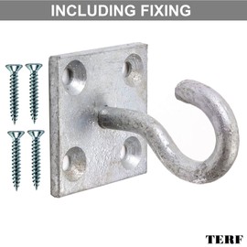 TERF® Heavy Duty Galvanised Hook On Plate 50mm (2 inch) Plate with Hole Ceiling Hook Wall Mount Hook Including Fixing Screws for Wall Ceiling Hanging Industrial and Multi Purpose Use - Pack of 1