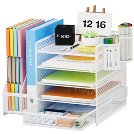Lavatino Desk Organizer with File Holder, 5-Tier Paper Letter Tray Organizer with Sliding Drawer and 2 Pen Holder, Mesh Desktop File Organizer for Office Supplies, White