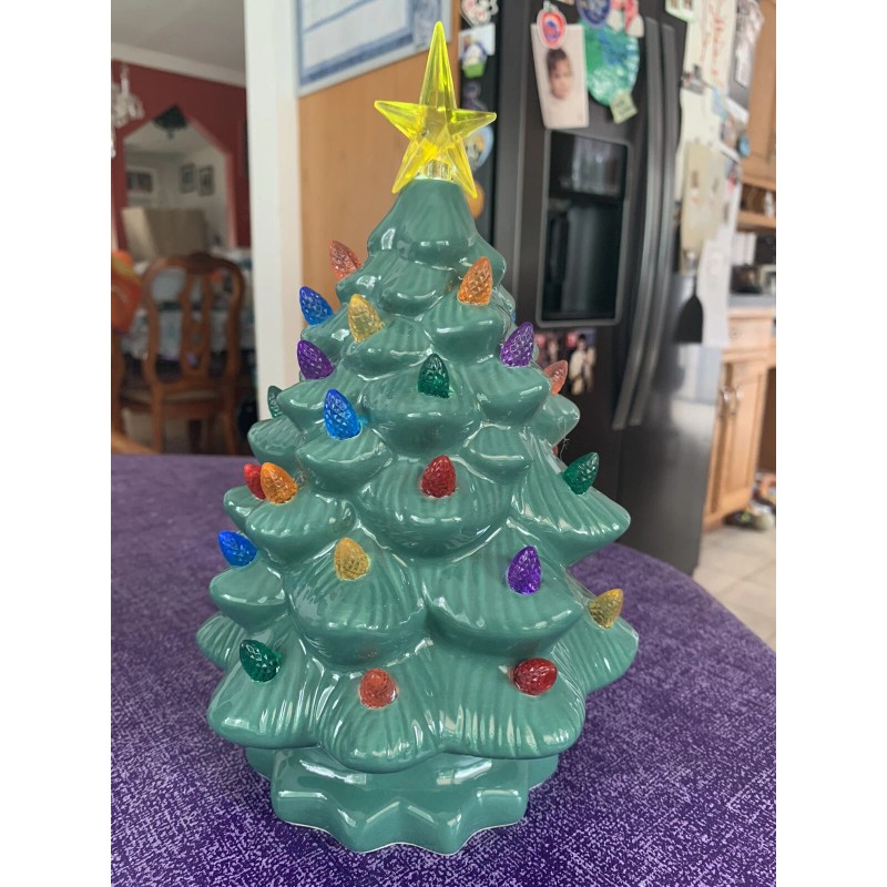 Ceramic Christmas Tree Large Green Tabletop Tree Multicolored Lights 11"