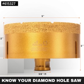 KSEIBI 615327 Diamond Hole Saw, 5 Inch (127mm) Diamond Core Drill Bit for Porcelain, Ceramic, Granite Drill Bits, Brick, Marble, Dry Cutting, 2" Drilling Depth, 5/8"-11 Thread, for Angle Grinder