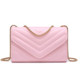 Dasein Women Small Quilted Crossbody Bags Stylish Designer Evening Bag Clutch Purses and Handbags with Chain Shoulder Strap (Pink)