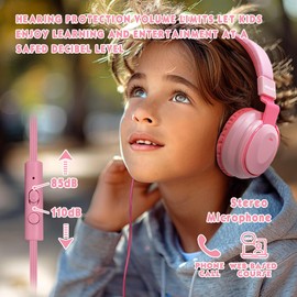 Mokata Mokata Headphone Kids Volume Limited 85/96dB Wired Over-Ear/On-Earr Foldable Headset with Inline Cable Aux 3.5mm Cord Mic for Boy Girl Child School PC Notebook Tablet Pink