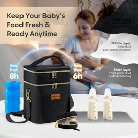 Breast Milk Cooler Bag with Ice Pack, Breastmilk Cooler Travel Bag Fits 6 Bottles up to 9 oz, Double Layer Insulated Baby Bottle Cooler & Breast Pump Storage Bag for Working Nursing Moms, Black