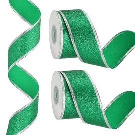 PATIKIL 20 Yards x 1.5" Christmas Ribbon, Metallic Wired Shine Gift Wrapping Ribbons for Craft Birthday Wedding Festival Decoration, Green Silver