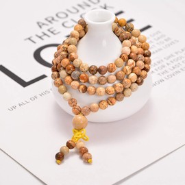 AD Beads Natural Gemstones Buddhist 108 Prayer Healing Beads Mala Stretchy Bracelet Necklace 6mm (Picture Jasper)