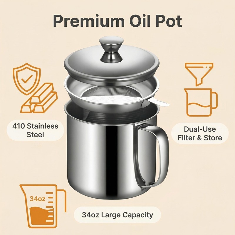 Oil Strainer Pot 34oz Stainless Steel, Bacon Grease Container Saver