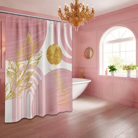 QGHOT Blush Pink and Gold Shower Curtain Boho Mid Century Light Pink and White Shower Curtains for Bathroom Decor, Waterproof Cloth Fabric with Hooks, 70" W x 84" L