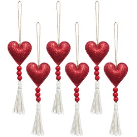 6 Pcs Valentine's Day Heart Shaped Ornaments,with Wood Bead Tassel Heart Decorations,Red Glitter Heart Shaped Baubles, Romantic Christmas Valentine's Day Tree Hanging Decorations (D)