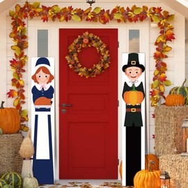 2 Pcs Thanksgiving Pilgrim Couple Porch Sign 47 Inches Pilgrim Standing Porch Decor Wooden Farmhouse Hanging Welcome Signs for Fall Harvest Autumn Yard Signs Front Door Decoration Outdoor
