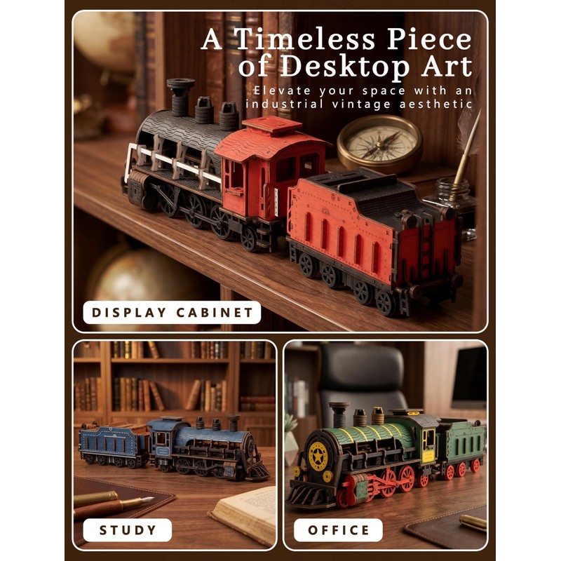 BOOZUU 3D Wooden Steam Train Puzzle for Adults, Build and
