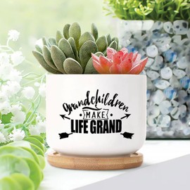 DecStic Grandchildren Make Life Grand Ceramic Planters Bible Verse Planters for Outdoor Plants with Drainage Holes and Saucers Pot for Outdoor Garden Home Plant
