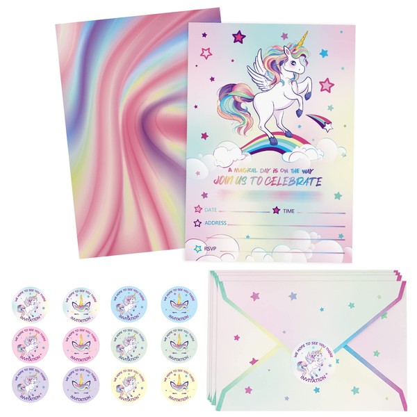 Unicorn Party Invitation - 24PCS Rainbow Unicorn Party Supplies Fill-in Invitations with Envelopes for Girls Birthday Baby Shower Double-sided Printed Invite Cards