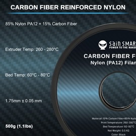 SainSmart ePA12-CF Filamento de nailon de fibra de carbono de 1,75 mm, 0,5 kg, precisión dimensional +/- 0,05 mm, negro