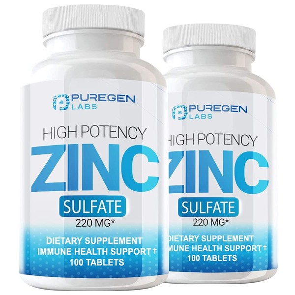 Puregen Labs Zinc Sulfate 220 mg Dietary Supplement Tablets - 100 count (Pack of 2)