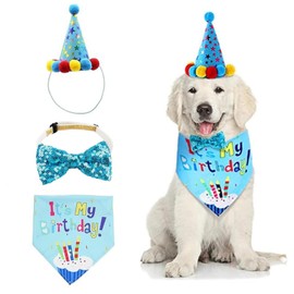 3 Pcs Dog Birthday Bandana Set, Cute Dog Birthday Party Hat And Bow Tie, Delicate Dog Birthday Party Supplies, For Cat And Dog Decoration Dog Birthday Hat (Blue)