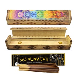 SOUL STICKS Handmade Carved Incense Burner Wooden Coffin Box with Storage Includes Go Away Evil Incense Sticks (7 Chakras Tree)