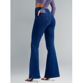 Rammus Flare Jeans for Women Crossover High Waisted Bell Bottom Jeans Trendy Yoga Pants Stretchy Flare Leggings with Pockets Medium Denim