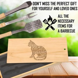 Mysterious Stylized Cat Engraved BBQ Set: High-Quality Stainless Steel Grill Tools - Spatula, Tongs, Fork, Ideal Gift for Independence & Curiosity Lovers, Decorative Box Design
