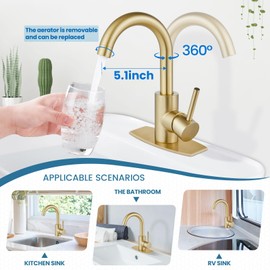 Airuida Bar Sink Faucet Single Hole Single Handle Bathroom Sink Faucet Kitchen Small Prep Wet Farmhouse RV Lavatory Vanity Mixer Tap 360 Degree Swivel Spout with Pop Up Drain Brushed Gold