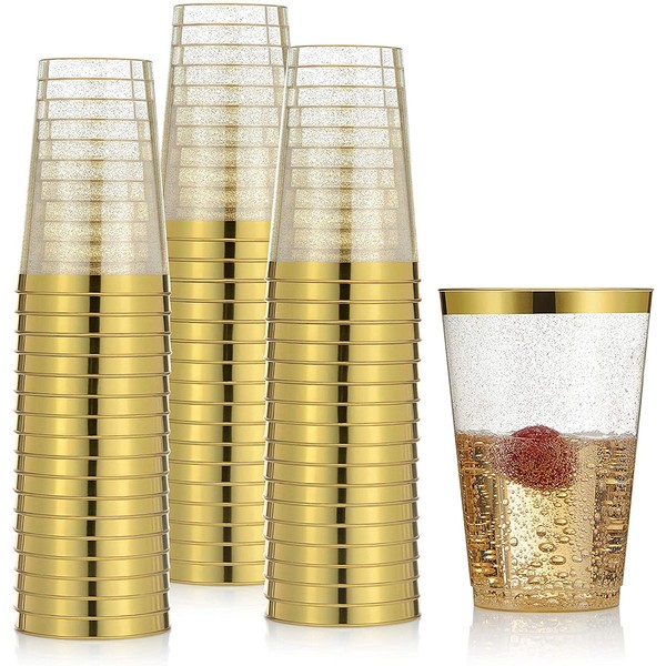 100 Gold Plastic Cups 14 Oz Gold Glitter with a Gold Rim - Premium Disposable Party Cups - Elegant and Classy Sturdy Cups - Weddings Birthdays Anniversaries and Other Social Events