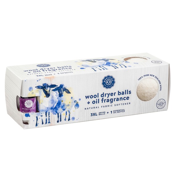 Woolzies Organic Wool Dryer Balls: 3 Pack XL Dryer Balls & 100% Pure Lavender Essential Oil | All Natural Laundry Fabric Softener Balls | Made with 100% New Zealand Wool | Best Essential Oil Balls
