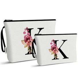 Vavabox 2 Pcs Makeup Bag, A-Z Initial Travel Toiletry Bag, Birthday Gifts for Women, Bridesmaid Gift for Wedding (K, White)