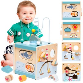 Wooden Motor Skills Cube Activity Cube 6-in-1 Activity Centre with Activity Centre with Bead Maze and Sorting Toy Wooden Toy Shape Sorting Colour Recognition for Toddlers from 1 2 3