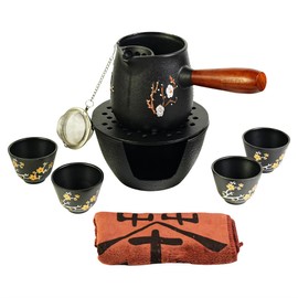 SECHUDO 600ml Cast Iron Teapot Set, Japanese Style Tea Kettle without Lid, 20.3 fl oz Tea Set with Stainless Steel Teacups and Cast Iron Tea Warmer, Tea Ball for Loose Tea, Wooden Side-handle