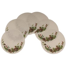 Christmas Printed Woven Braided Table Placemats 15 Inches Round Set of 6 Non-Slip Dining & Kitchen Table Mats Pine Cone