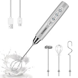YUSWKO Rechargeable Milk Frother Handheld with 3 Heads, Silver Coffee Electric Whisk Drink Foam Mixer, Mini Hand Stirrer with 3 Speeds Adjustable for Latte, Cappuccino, Hot Chocolate, Egg