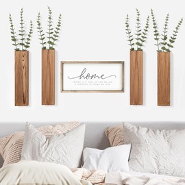 Mokof 4 Pack Wooden Wall Planters with Fake Eucalyptus Stems, Modern Farmhouse Wood Vases Plants Wall Decor for Living Room, Bedroom, Bathroom (Dark Brown)