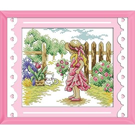 Howie's Kit de punto de cruz, kit de bordado preimpreso de 14 quilates, gama completa de kits de costura para principiantes estampados (The Girl Seeing a Cat, 10.2 x 8.2 pulgadas)