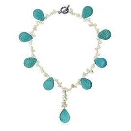 Gem Stone King 18 Inches Drop Simulated Turquoise Howlite and Cultured Freshwater Pearl Necklace for Women with Toggle Clasp