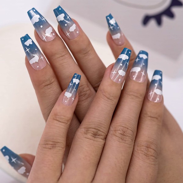 24 Pcs Press on Nails, Stars & Clouds Pattern Fake Nails, Medium Length Design, 12 Sizes, Includes Prep Pad, Mini Nail File, Cuticle Stick, Jelly Adhesive Tabs and 24 Fake Nails for Women