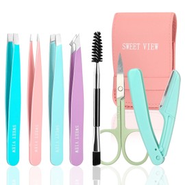 SWEET VIEW 7pcs Eyebrow Tweezers Set for Women Precision Plucker with Brow Scissors & Razor & Spoolie for Facial, Chin,Brow, Splinter and Ingrown Hair