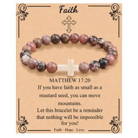 JoycuFF Unique Gifts for Women Elastic 8mm Natural Stone Pink Bracelet Cross Charm Bracelets Rosary Bracelet Best Friend Bracelet Religious Easter Graduation Birthday Inspirational Gifts Jewewlry