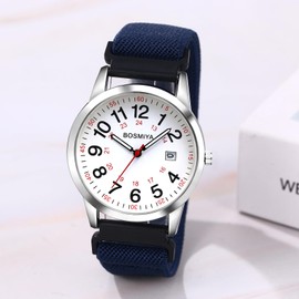 JewelryWe Unisex Braided Elastic Watch: 24-Hour Format Easy-to-Read Calendar Dial Quartz Wristwatch Deep-Blue Strap with Silver Case